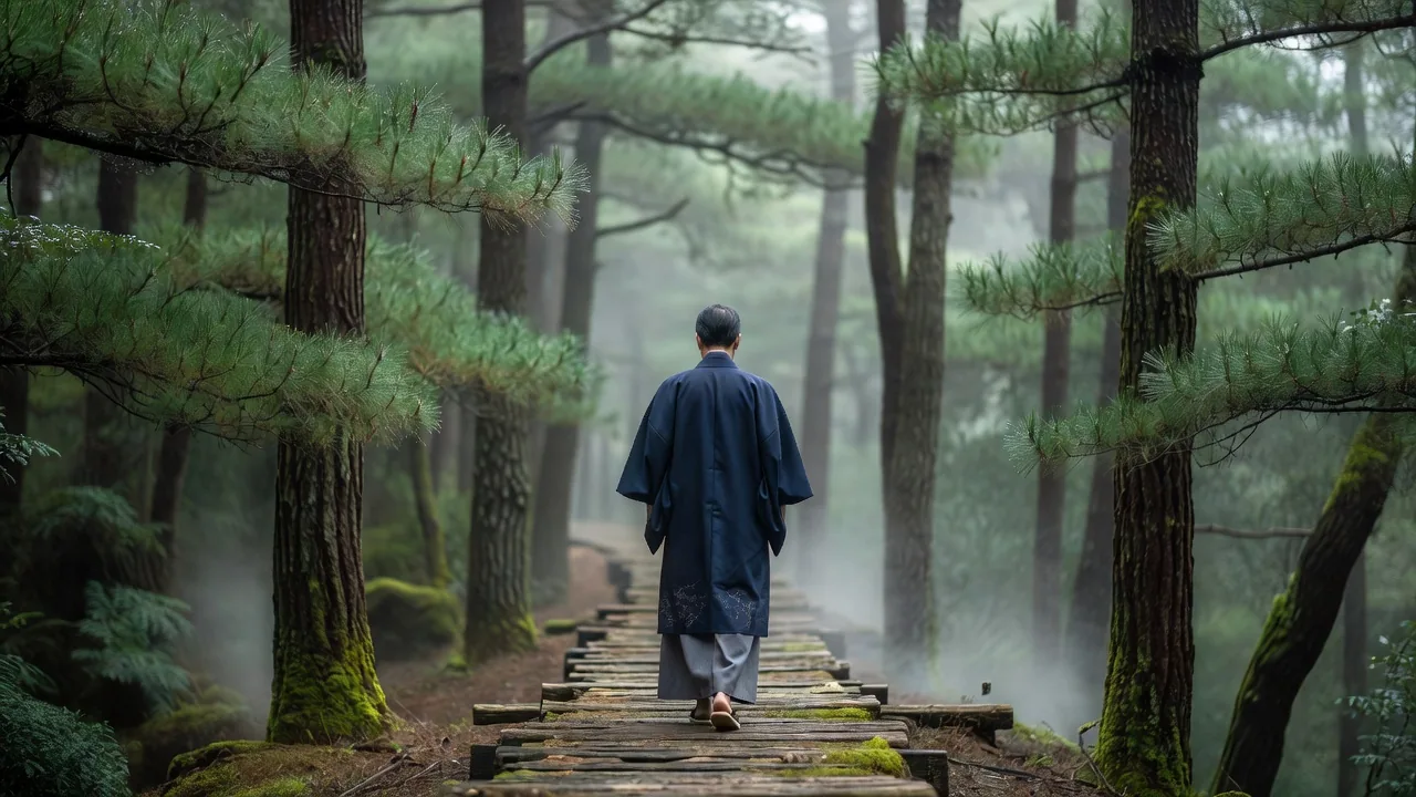 霧の道を歩く人